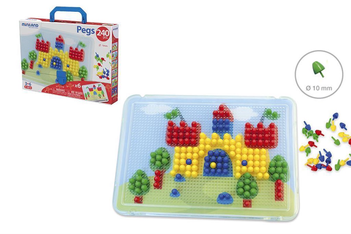 Piquets mosaïque Miniland - 10mm - 240 picots - en boîte avec poignée - 3 ans