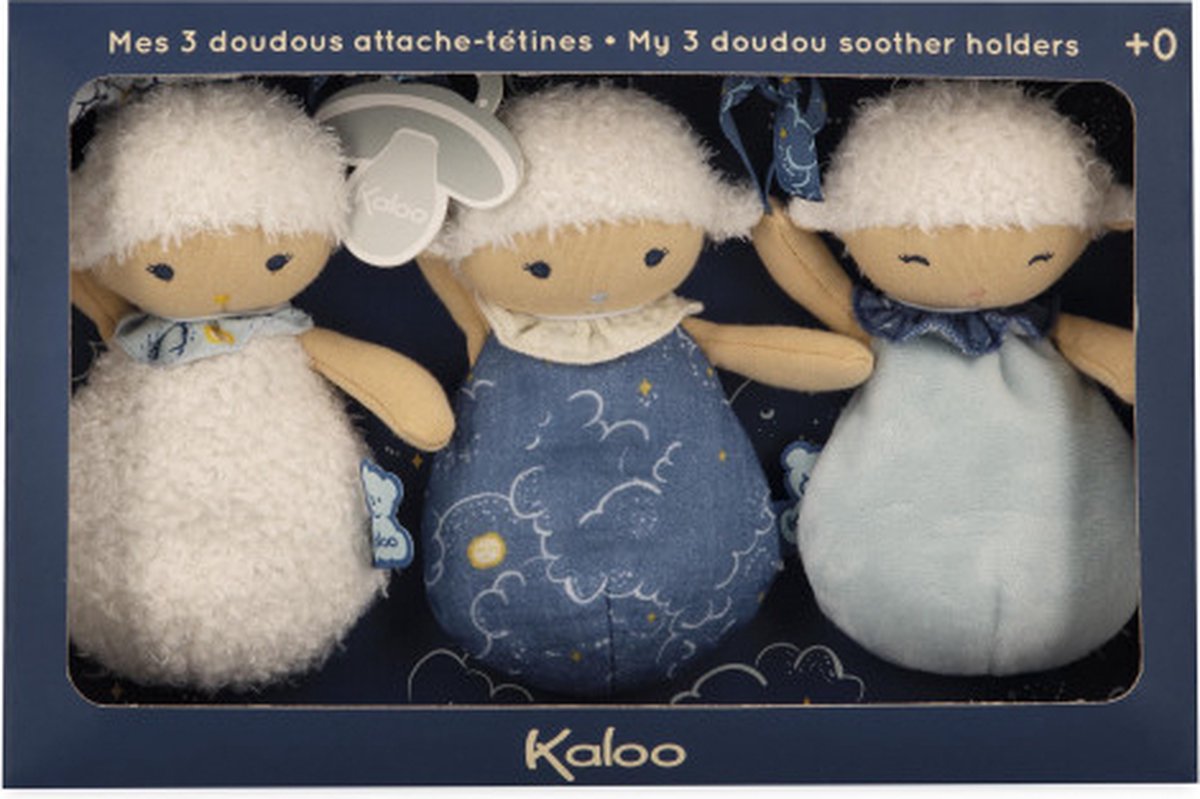 Kaloo doux sommeil - 3 doudou moutons - trois attache-sucettes moutons, chacun avec sa particularité et sa couleur, pour que bébé puisse l'utiliser comme doudou, mais la tétine peut également être attachée au ruban fin