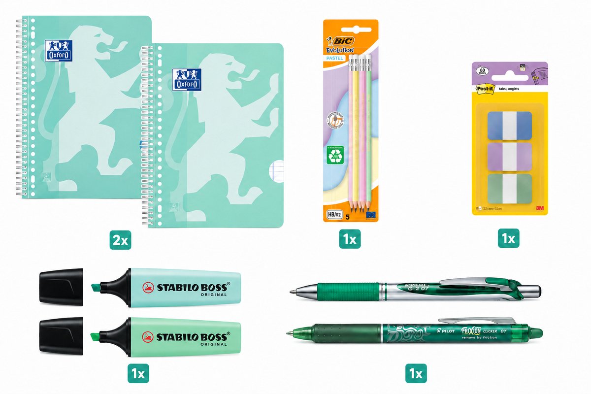 Oxford back to school - set scolaire - bloc-notes a4+, stylos, surligneurs - élèves et étudiants - vert pastel