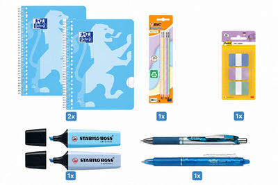 Oxford back to school - set scolaire - bloc-notes a4+, stylos, surligneurs, onglets - bleu pastel