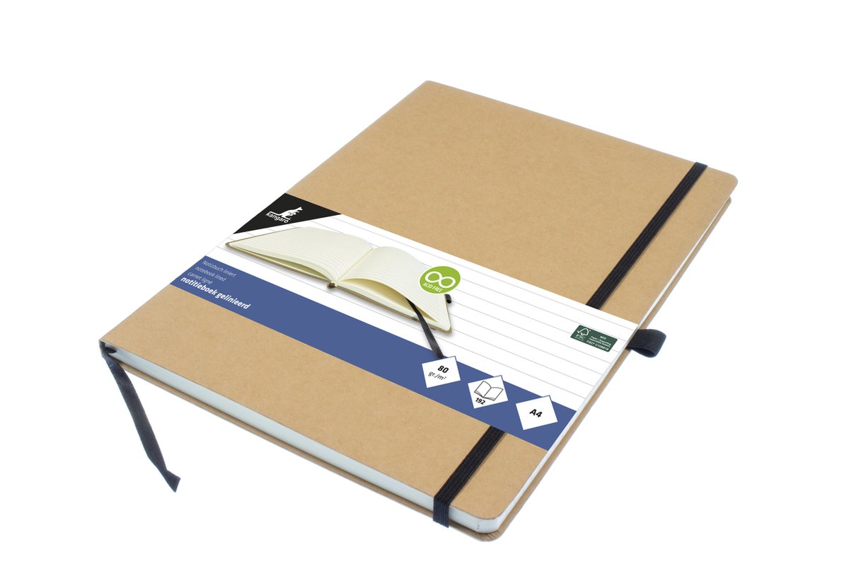 Carnet Kangaro - a4 - kraft - avec trait - avec élastique, ruban et passant pour stylo - k-552161