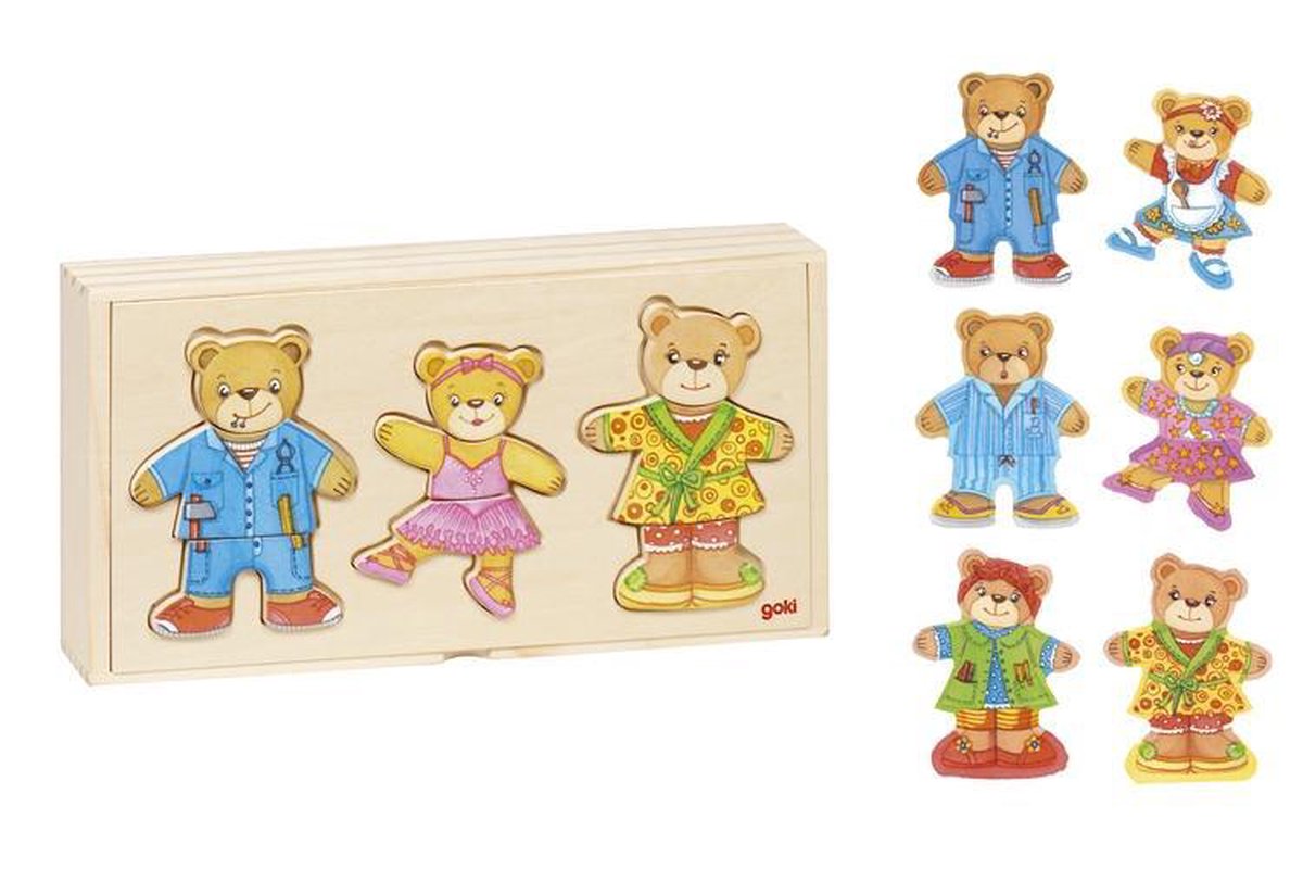 Goki Wooden Dressing Puzzle Bears in Houten Box, 36st.