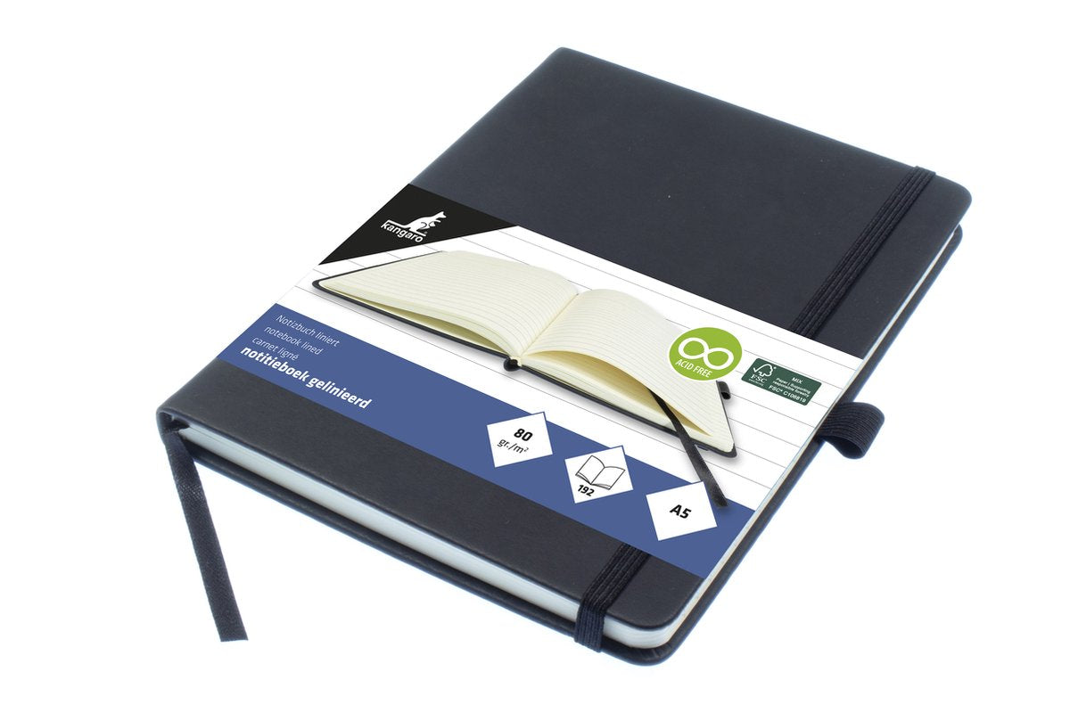 Carnet Kangaro - a5 - noir - avec trait - avec élastique, ruban et passant pour stylo - k-552241
