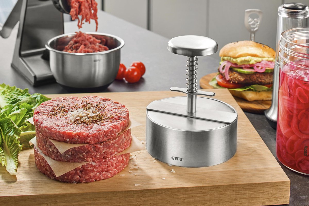 Presse à hamburger professionnelle Gefu, ø11,5 cm, avec 10 indications de taille entre 100 g et 400 g, acier inoxydable de haute qualité, garantie 20 ans - | patty