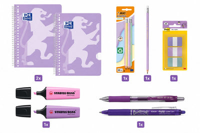 Oxford back to school - set scolaire - bloc-notes a4+, stylos, surligneurs, onglets - élèves et étudiants - violet pastel