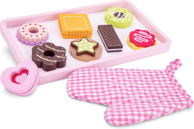 Woet ® set de jeu en bois 'cooking cookies' - set de jouets avec 8 biscuits, plateau et gant de cuisine - jouets de pâtisserie pour enfants - nourriture jouet - à partir de 2 ans