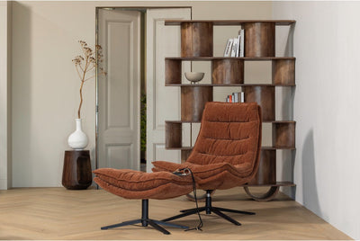Fauteuil pivotant Woood Kube avec pouf - tissu chenille - marron