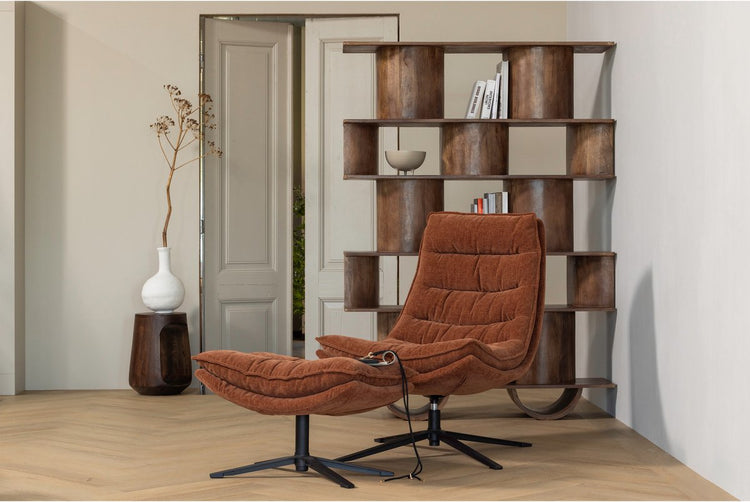 Fauteuil pivotant Woood Kube avec pouf - tissu chenille - marron