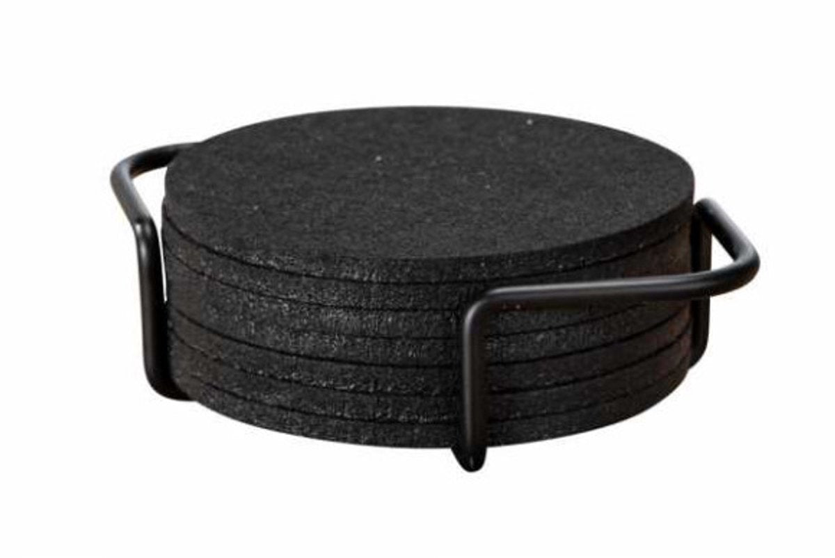 Wenko dessous de verre en feutre avec support, 8 pièces, noir, 14x10cm - dessous de verre pour verres - ensemble de dessous de verre noir - design de dessous de verre ronds - dessous de verre