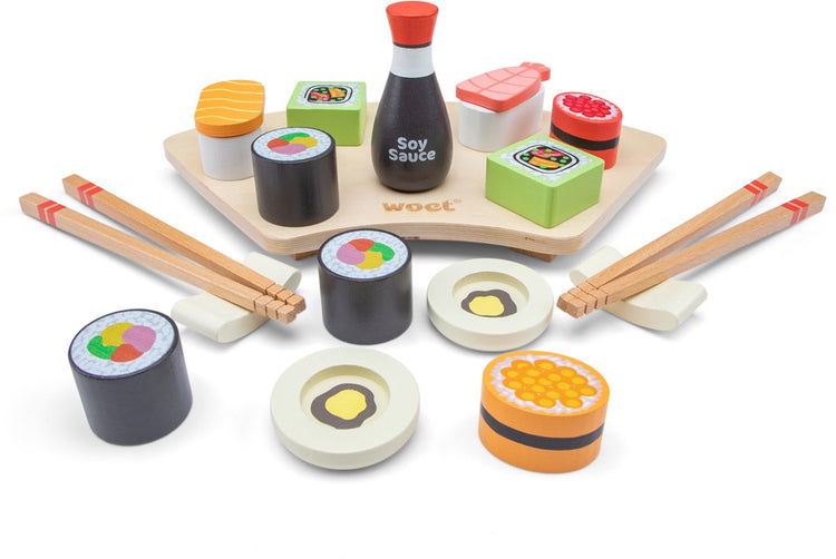 Woet ® ensemble de jeu de sushi en bois - jouets de jeu de rôle japonais de 21 pièces - comprenant des baguettes, de la sauce soja et une planche de service - nourriture jouet - jouets de cuisine éducatifs - à partir de 3 ans