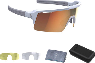 Bbb Cycling Lunettes de Cyclisme Fusible Homme et Femme - Lunettes de Soleil de Vélo avec Grand Verre Torique pour une Protection UV à 100% - Lunettes de Sport Anti-buée avec 3 Verres légers et étui à Lunettes - Or Blanc Mat - Bsg-65