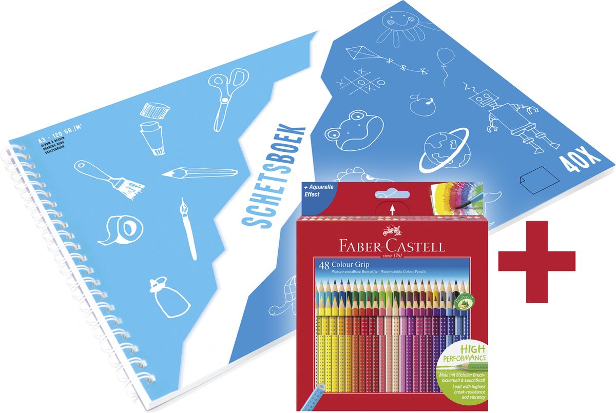 Crayon de couleur Faber-castell - grip - 48 pièces + carnet de croquis a3 kangourou gratuit - blanc - 120 grammes - 40 feuilles - fc-112449-a