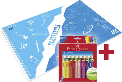 Crayon de couleur Faber-castell - grip - 48 pièces + carnet de croquis a3 kangourou gratuit - blanc - 120 grammes - 40 feuilles - fc-112449-a