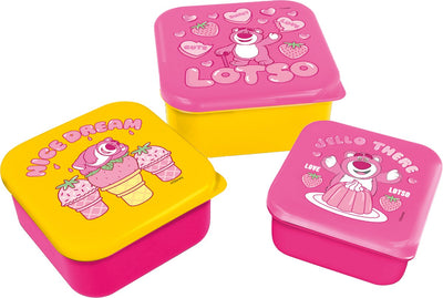 Stor Disney's toy y lotso boîtes à goûter 3 en 1 - 3 tailles - carrées - bien fermées - boîtes à lunch pour enfants - couvercle amovible - adaptées aux biscuits, fruits et collations - rose jaune