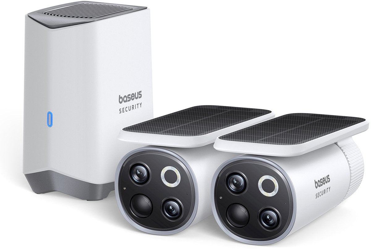Baseus beveiligingscamera draadloos buiten set s1 pro – draadloos buiten camera – slimme beveiliging – meedraaiende zonnepaneel – buiten – 3k camera – 2 camera’s – wifi - inclusief homestation – waterdicht - weerbestendig – nachtzicht - wit