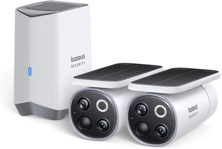 Baseus beveiligingscamera draadloos buiten set s1 pro – draadloos buiten camera – slimme beveiliging – meedraaiende zonnepaneel – buiten – 3k camera – 2 camera’s – wifi - inclusief homestation – waterdicht - weerbestendig – nachtzicht - wit