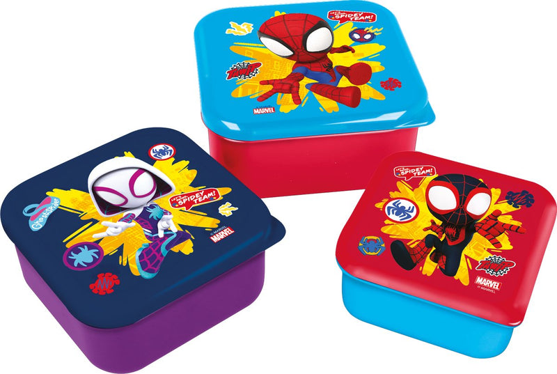 Boîtes à collation 3 en 1 Stor Marvel's Spidey - 3 tailles - carrées - fermez hermétiquement - boîtes à lunch pour enfants - couvercle amovible - convient aux biscuits, fruits et collations - violet rouge bleu clair