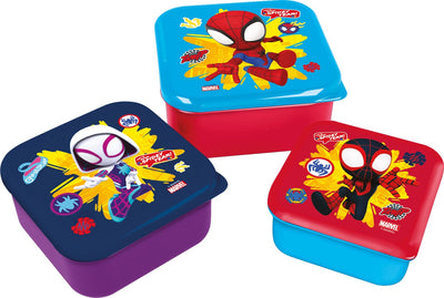 Boîtes à collation 3 en 1 Stor Marvel's Spidey - 3 tailles - carrées - fermez hermétiquement - boîtes à lunch pour enfants - couvercle amovible - convient aux biscuits, fruits et collations - violet rouge bleu clair