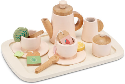 Woet ® service à thé en bois rose - service à thé 16 pièces avec plateau, théière, tasses et sachets de thé - FSC - jouets de jeu de rôle - à partir de 2 ans