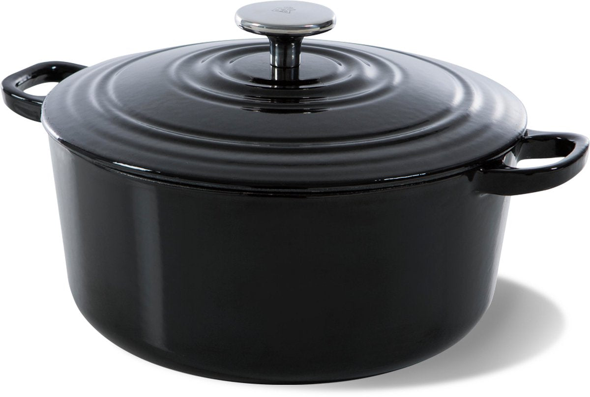 Casserole en fonte Bk bordeaux 28 cm 6,7 l - cocotte induction - cocotte en fonte - passe au four jusqu'à 230 degrés - couvercle avec anneaux anti-goutte - intérieur émail blanc - noir