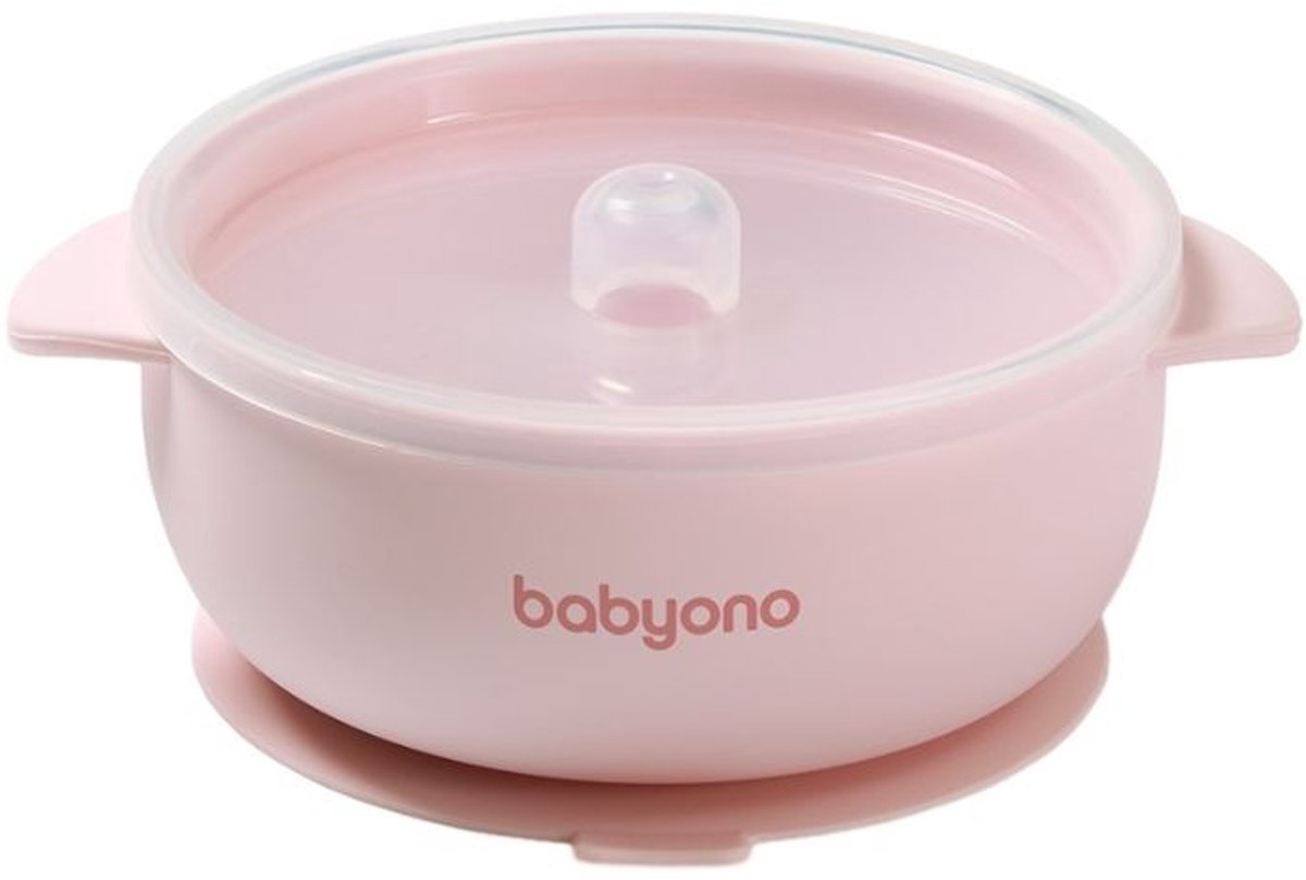 Bol en silicone Babyono baby ono rose avec couvercle à ventouse