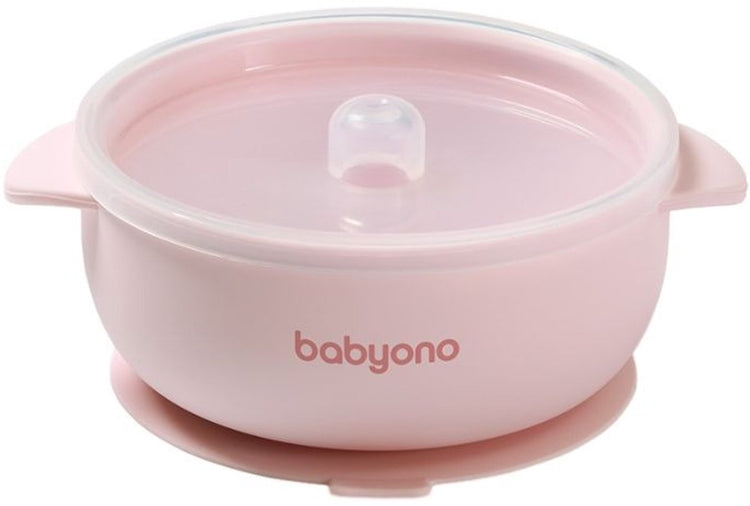 Bol en silicone Babyono baby ono rose avec couvercle à ventouse