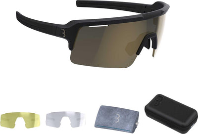 Bbb Cycling Lunettes de Cyclisme Fusible Homme et Femme - Lunettes de Soleil de Vélo avec Grand Verre Torique pour une Protection UV à 100% - Lunettes de Sport Anti-buée avec 3 Verres légers et étui à Lunettes - Or Noir Mat - Bsg-65