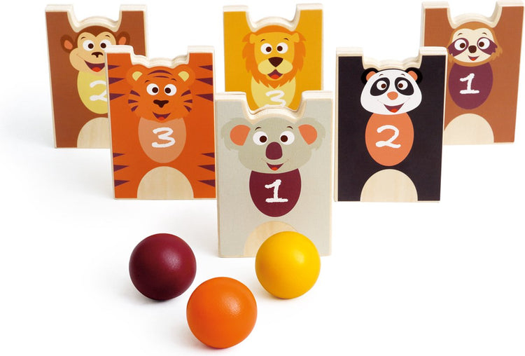 Jeu à gratter et quilles - animaux sauvages - avec 6 animaux et 3 balles - 3 ans