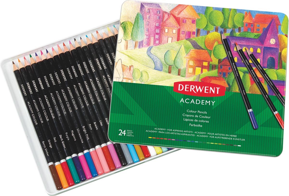 Crayons de couleur Derwent Academy dans une boîte en métal - lot de 24 - assortis