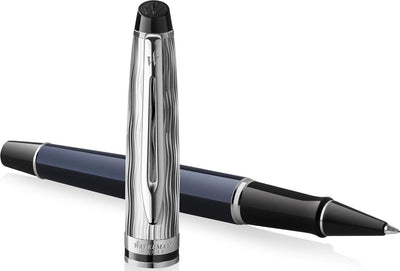Stylo roller expert Waterman | peinture bleu métal avec détail palladium | capuchon ciselé | avec coffret cadeau