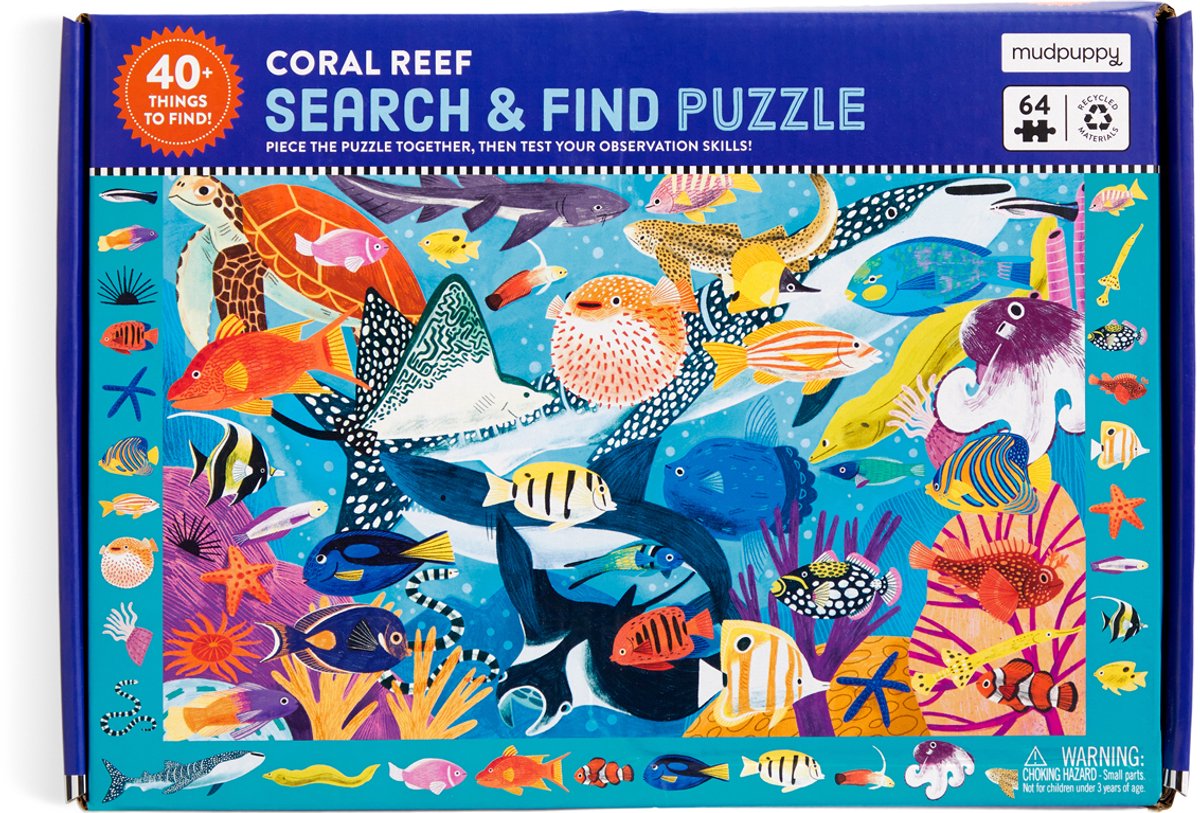 Puzzle d'objets cachés Mudpuppy - récif de corail - 59x39cm - 64 pièces - 4 ans