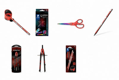 Staedtler noris rentrée scolaire - set scolaire - crayons, crayons de couleur, boussole et ciseaux - rouge corail