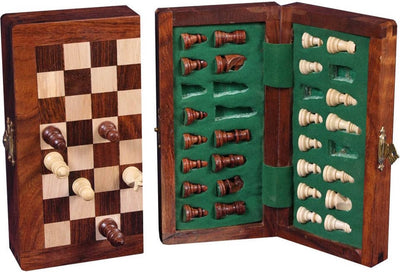 Jeu d'échecs pliant magnétique Engelhart - Pièces d'échecs en bois - Bois d'acacia - Compact 15 x 30 cm - Plateau de voyage pour jeu tactique -