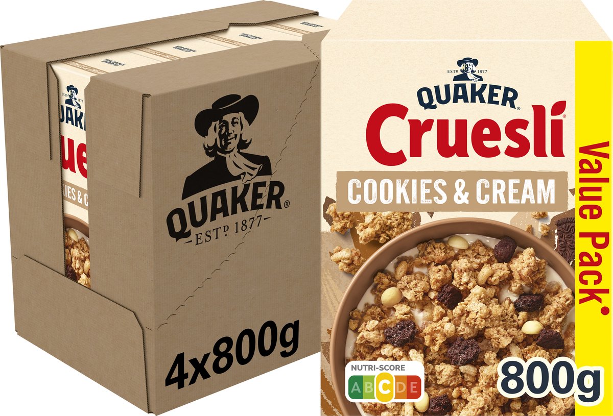 Quaker Cruesli Cookies Cream - Céréales pour petit déjeuner - 4 x 800 grammes
