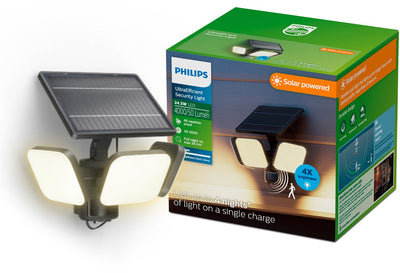 Philips LED Applique Philips Ultraefficient Zyren - lampe de sécurité solaire - projecteur - détecteur de mouvement - lumière blanche brillante : 3000k - 24,5w - noir - deux modes d'éclairage - capteur crépusculaire - énergie solaire - résistant à l'eau