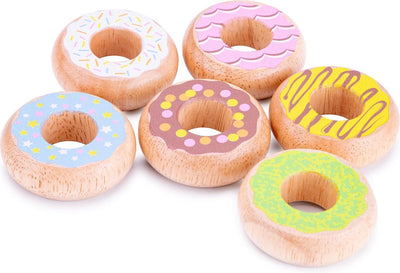 Woet ® ensemble de beignets en bois - 6 beignets colorés en bois de hêtre - nourriture jouet pour enfants - jouets de cuisine de jeu de rôle - à partir de 2 ans