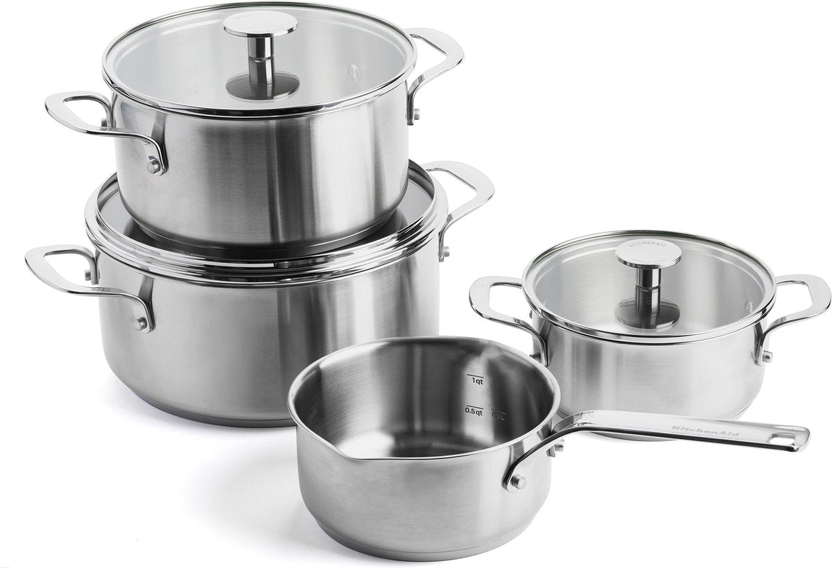 Kitchenaid ensemble de casseroles en acier inoxydable 7 pièces - 16 20 24 cm - 1,5 3,1 4,8 l - sans PFAS - ensemble de casseroles en acier inoxydable - ensemble de casseroles à induction - passe au four jusqu'à 220°c - avec couvercle en verre - argent