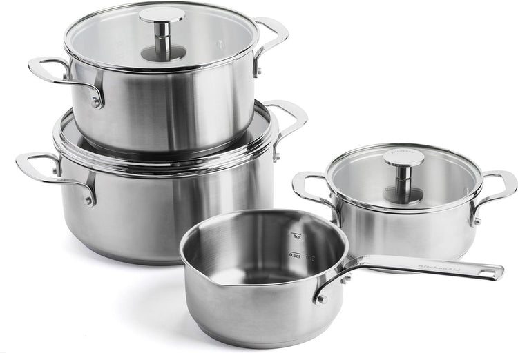 Kitchenaid ensemble de casseroles en acier inoxydable 7 pièces - 16 20 24 cm - 1,5 3,1 4,8 l - sans PFAS - ensemble de casseroles en acier inoxydable - ensemble de casseroles à induction - passe au four jusqu'à 220°c - avec couvercle en verre - argent