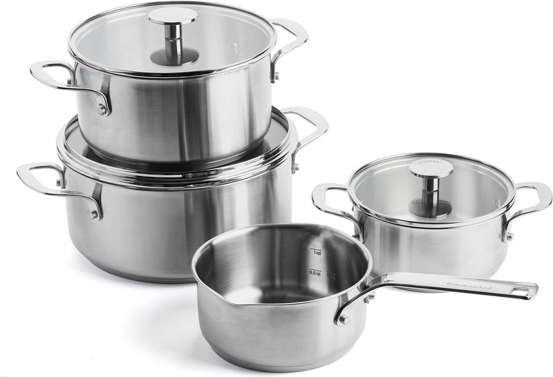 Kitchenaid ensemble de casseroles en acier inoxydable 7 pièces - 16 20 24 cm - 1,5 3,1 4,8 l - sans PFAS - ensemble de casseroles en acier inoxydable - ensemble de casseroles à induction - passe au four jusqu'à 220°c - avec couvercle en verre - argent