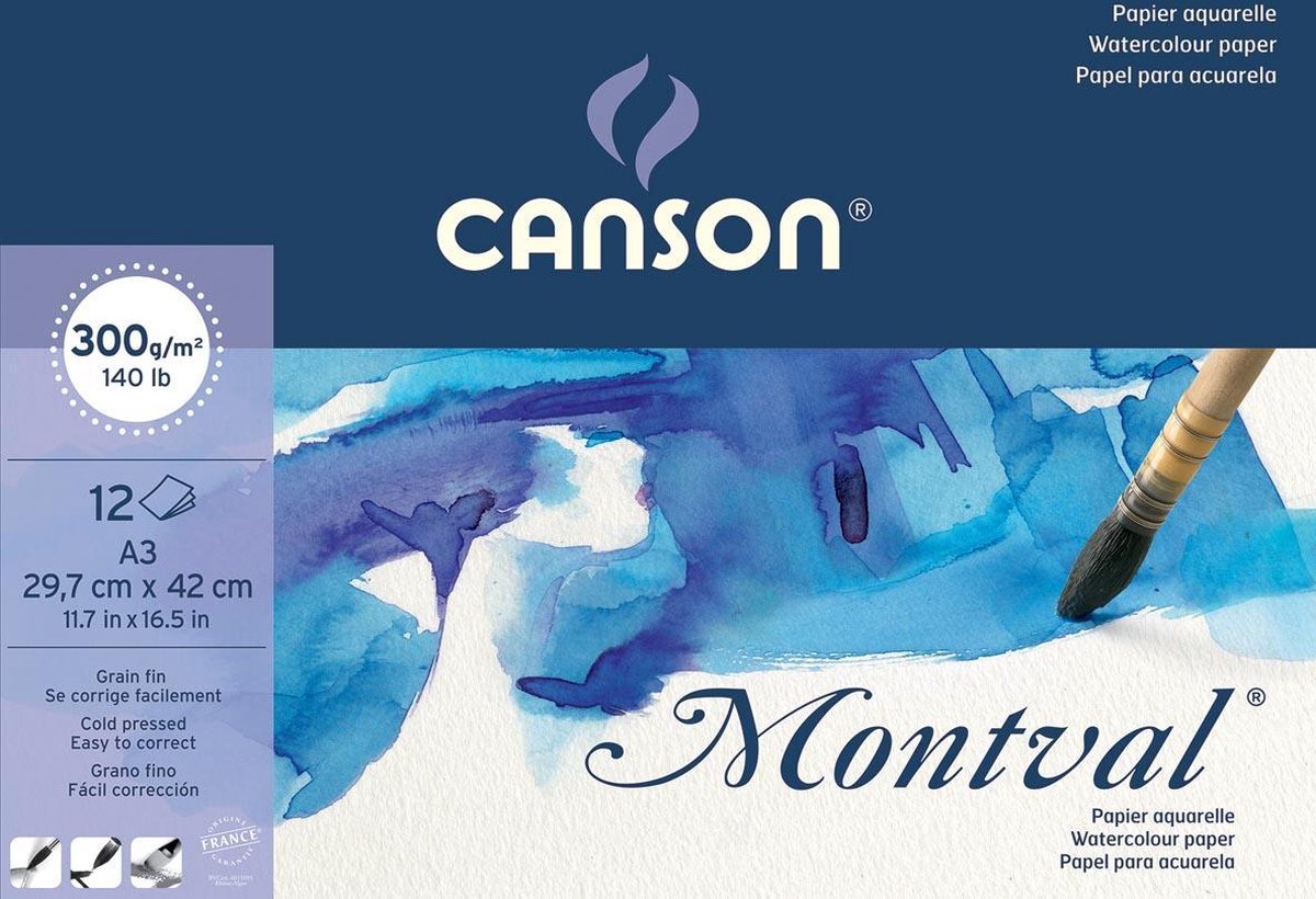 Papier aquarelle Canson montval, blanc grain fin 300 g m², ft a3, bloc de 12 feuilles