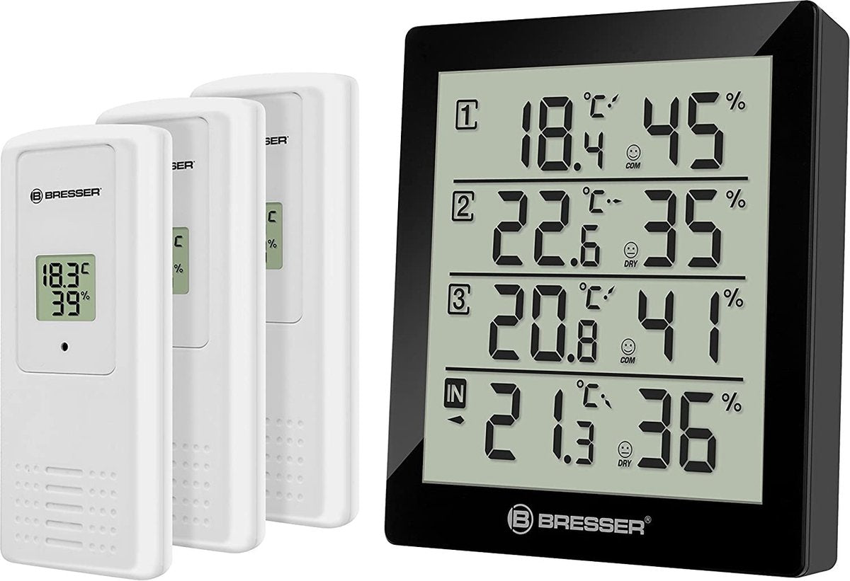 Station météo Bresser - thermo et hygromètre temeo - noir incl. 3 capteurs - pour l'intérieur et l'extérieur