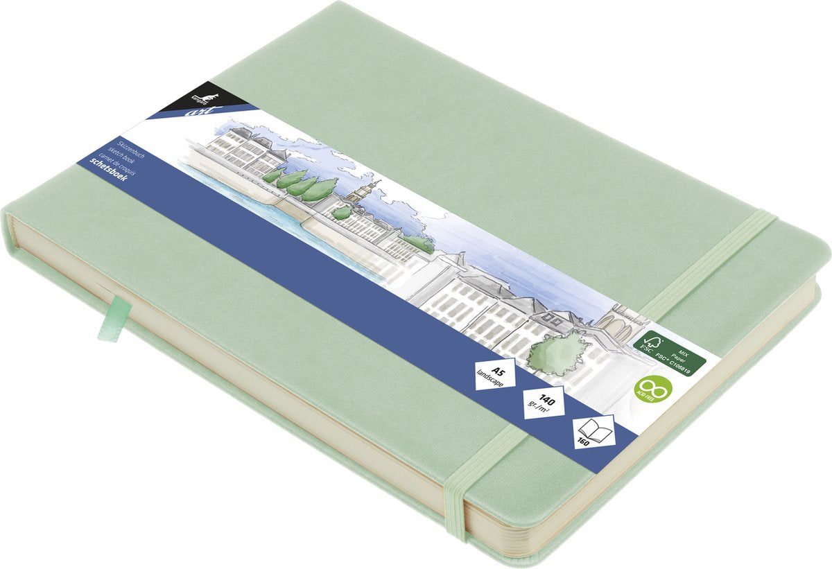 Carnet de croquis Kangaro - a5 paysage - menthe - couverture rigide PU - avec élastique et ruban