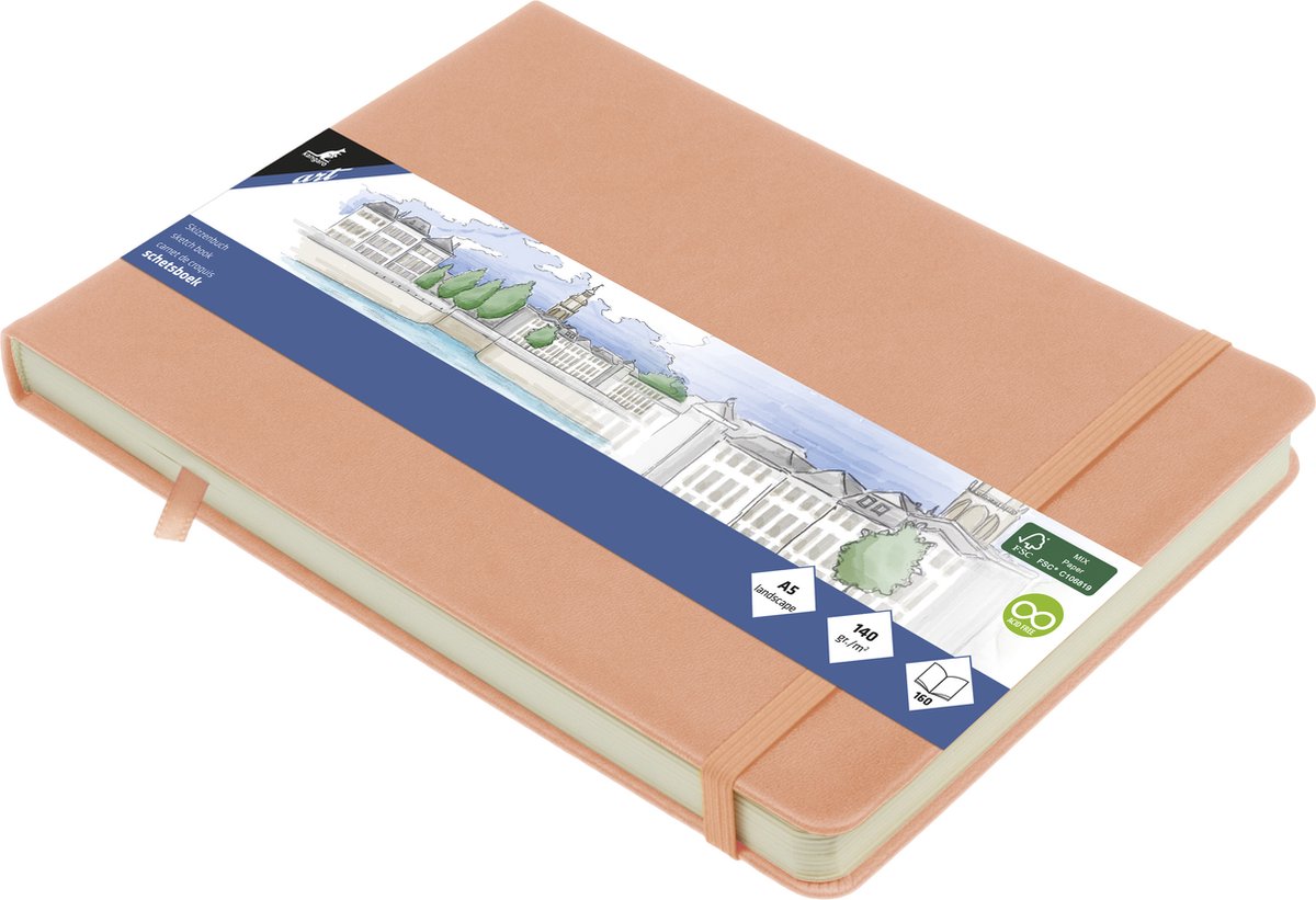 Carnet de croquis Kangaro - a5 paysage - vieux rose - couverture rigide en PU - avec élastique et ruban