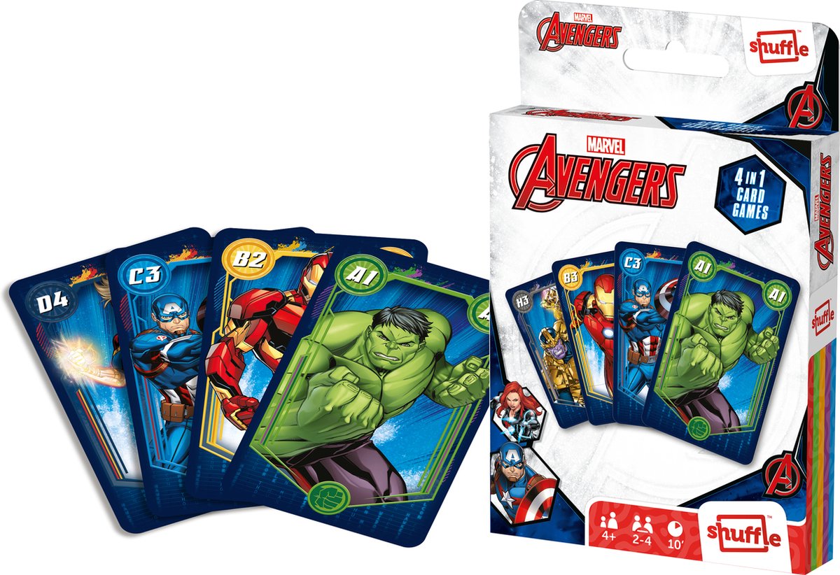 Shuffle Marvel Avengers - Jeux de cartes 4 en 1 (quatuor, mémo, snap, jeu d'action)