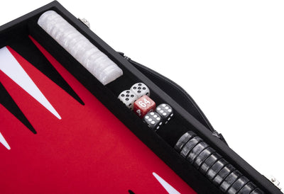 Backgammon Engelhart 15 pouces - plateau incrusté rouge, noir et blanc - étui en cuir artificiel de luxe avec poignée -