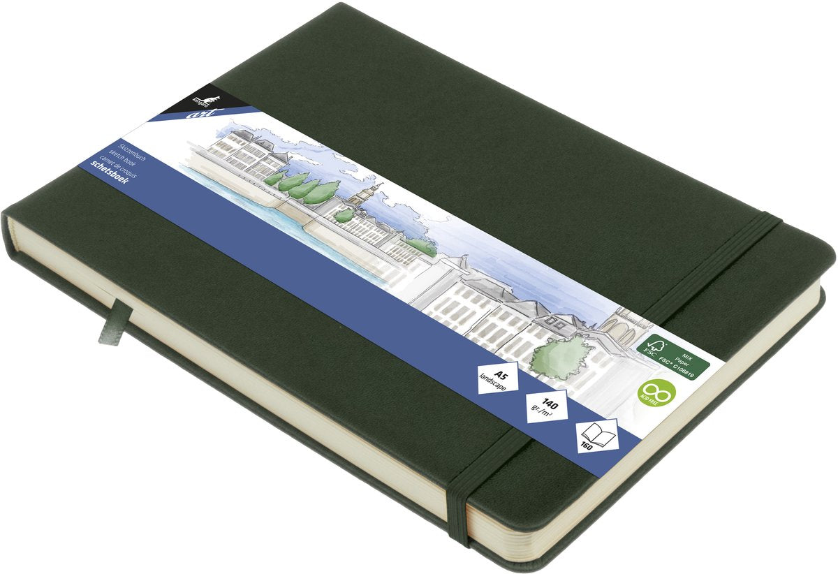 Carnet de croquis Kangaro a5 paysage - vert forêt - couverture rigide - avec élastique et ruban - k-861238