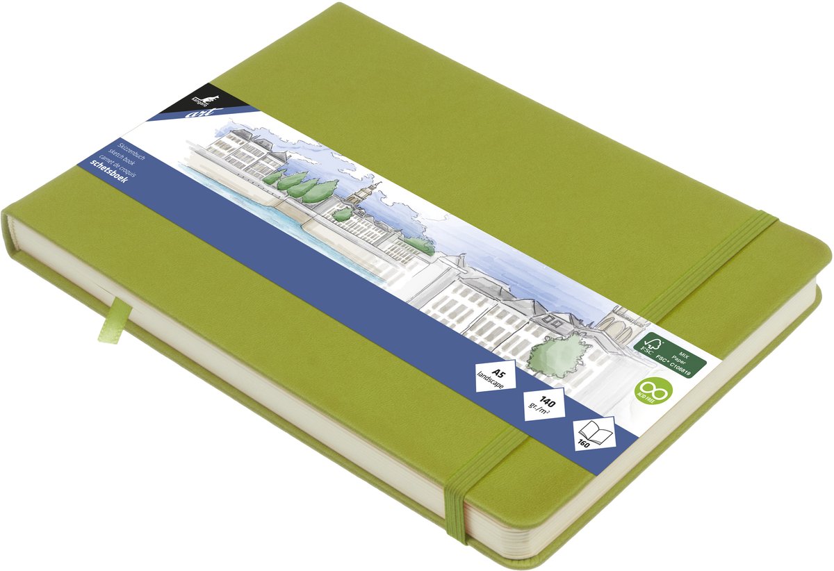 Carnet de croquis Kangaro a5 paysage - vert lime - couverture rigide - avec élastique et ruban - k-861239