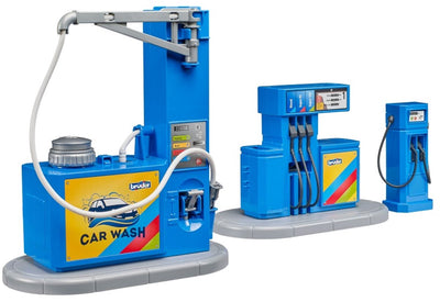 Station-service jouet Bruder et accessoire de lavage de voiture pour véhicules.