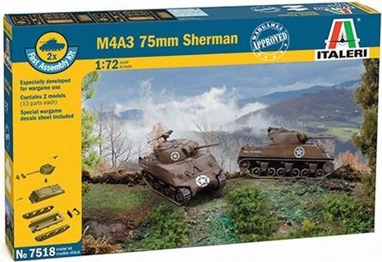 Italeri maquette véhicule militaire - 7518 m4a3 char sherman 75mm - 2 kits d'assemblage rapide plastique - 1:72 - modélisme