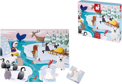 Puzzle tactile Janod - la vie sur la banquise - puzzle géant de 20 pièces en carton solide, avec 7 pièces avec textures - poster inclus - dès 2 ans